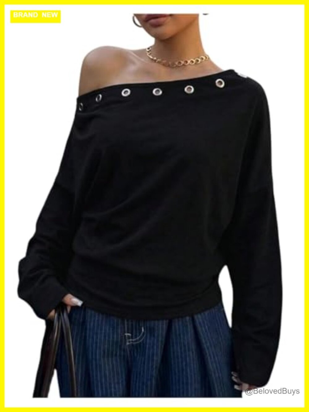 Womens Y2K Off Shoulder Eyelet Grunge Long Sleeve T Shirt